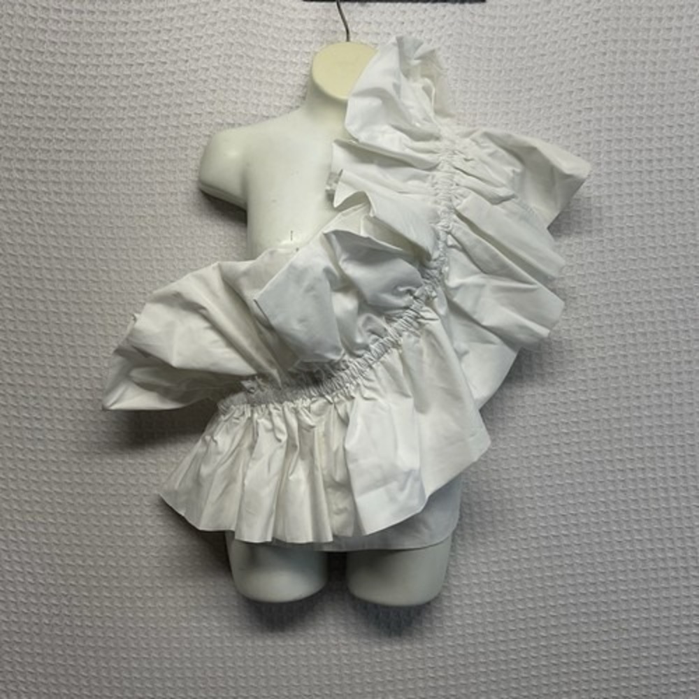NWT Zara White Poplin Top‎ With Ruffles Women Large Morocco 100% Cotton Machine